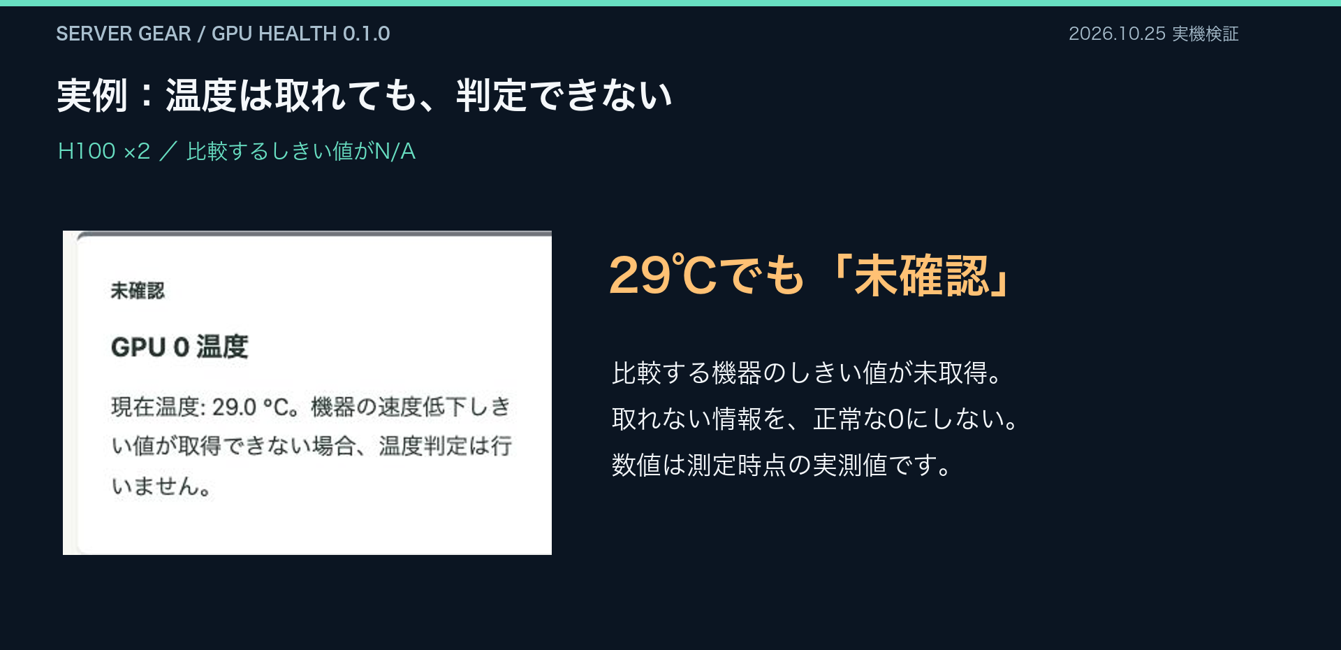 H100実機で温度は29℃と取得できたが、しきい値が取れず未確認になった結果