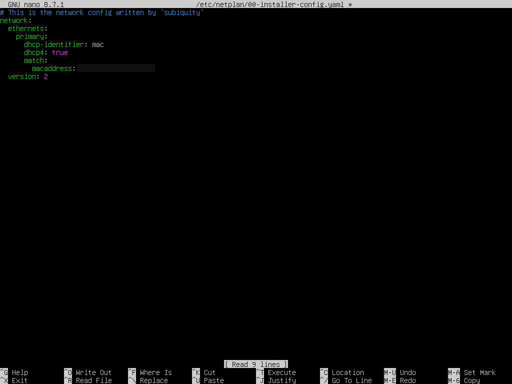 nanoでdhcp4をtrueに修正したBMCコンソール。MACアドレスは非表示