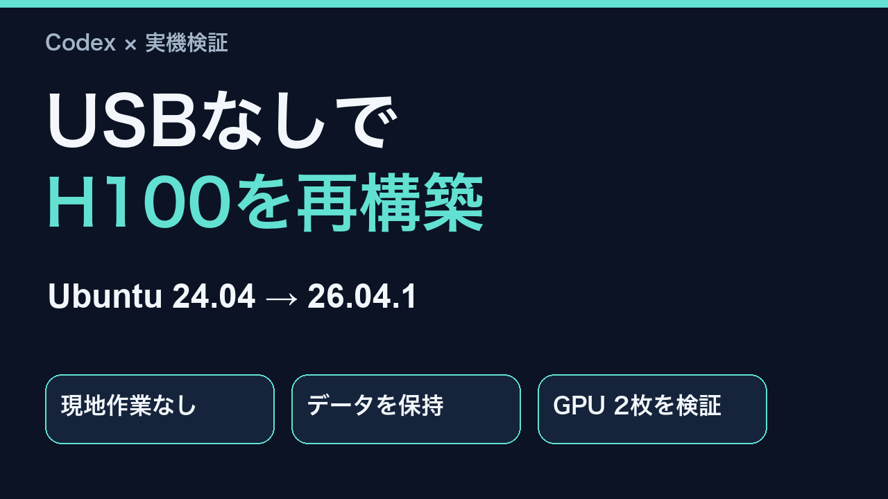 USBなしでH100×2サーバーを再構築。Ubuntu 24.04から26.04.1へ。